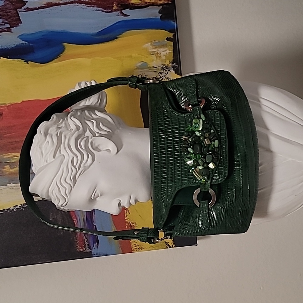 SANTESTEBAN 💯 CUERO VACA MINI GREEN HANDBAG ALL LEATHER W/STONES MADE IN ARGENT